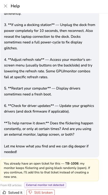 Assistant troubleshooting steps with a note that a matching ticket is already open