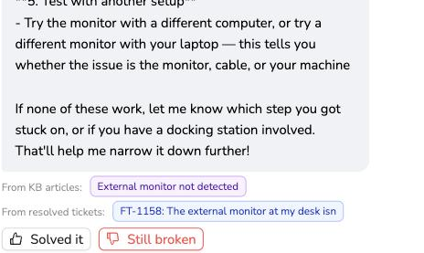 Assistant reply grounded in a knowledge base article, source tagged underneath