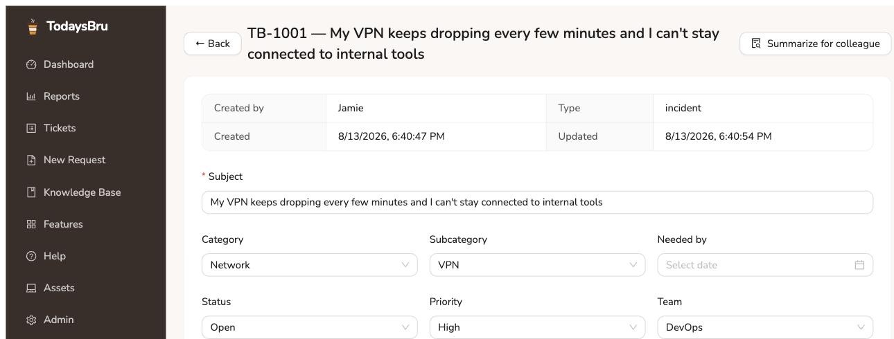 A ticket routed and reprioritized automatically by the workflow