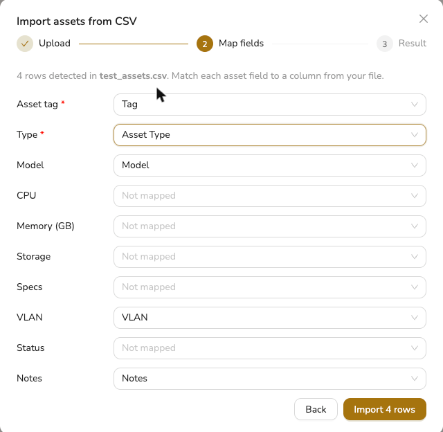 The Import CSV field-mapping step, matching asset fields like Asset tag and Type to columns from an uploaded file