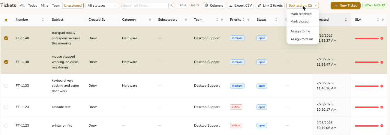 Tickets table with two rows selected and the Bulk actions menu open