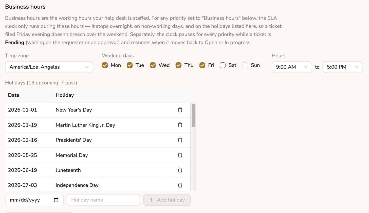 Business hours settings: time zone, working days, hours, and holiday list