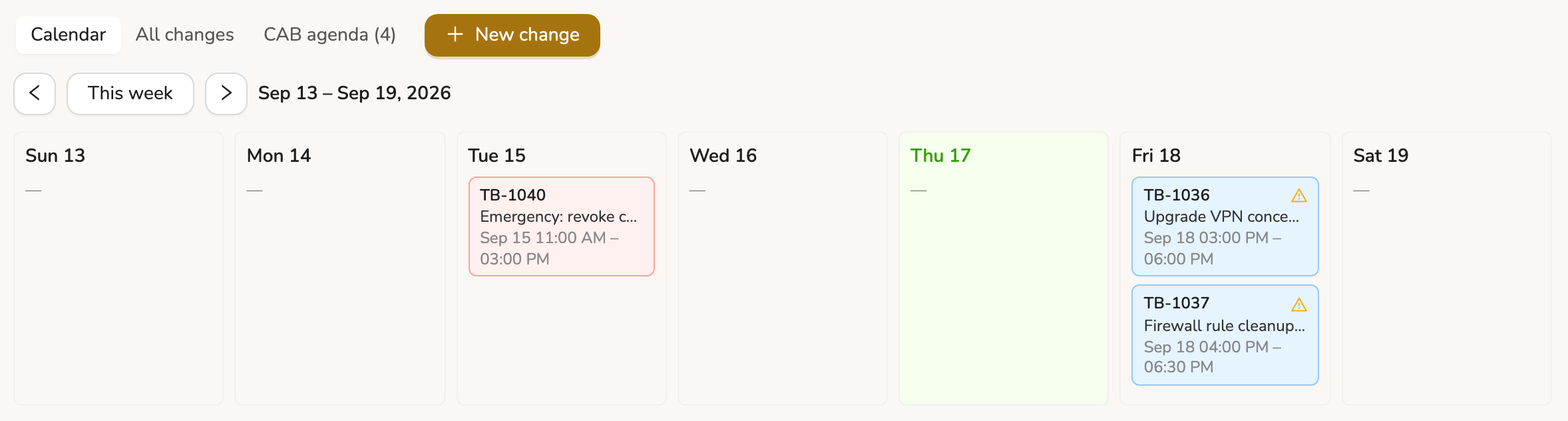 The Changes page week calendar, with changes colored by type and a warning icon on two that overlap on the VPN service