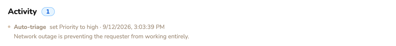 Ticket Activity showing 'Auto-triage set Priority to high' with the explanation 'Network outage is preventing the requester from working entirely.' underneath
