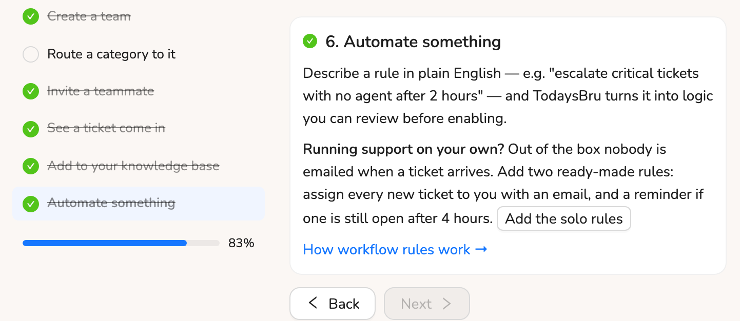 Quick Start's Automate something step with the Add the solo rules button