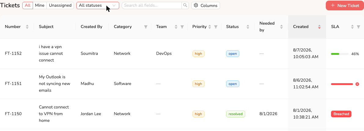 Team column screenshot