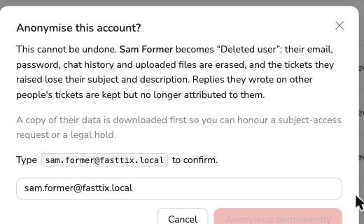 Anonymise confirmation modal, asking the admin to type the user's email to confirm