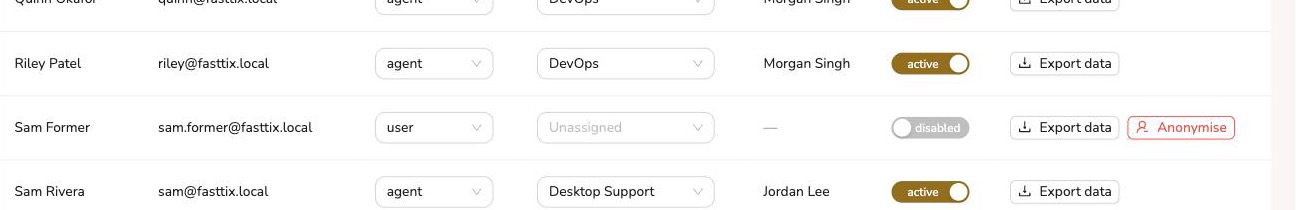 Admin → Users table showing the Export data button on a user row